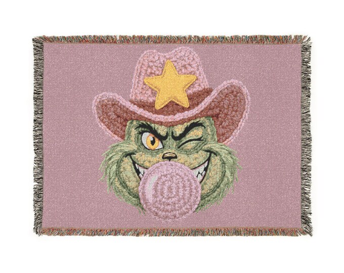 Winking Cowboy Cat Woven Blanket | Bubblegum Bubble, Star Sheriff Design