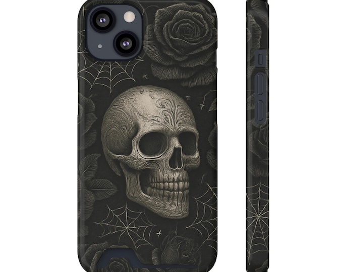Gothic Skull Phone Case, Dark Floral Design, Unique Smartphone Accessory, Card Holder Case, Halloween Gift, Edgy Tech Cover