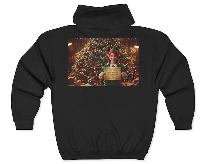 Elf Holding Sign Christmas Tree Zip Hoodie | Holiday Back Print