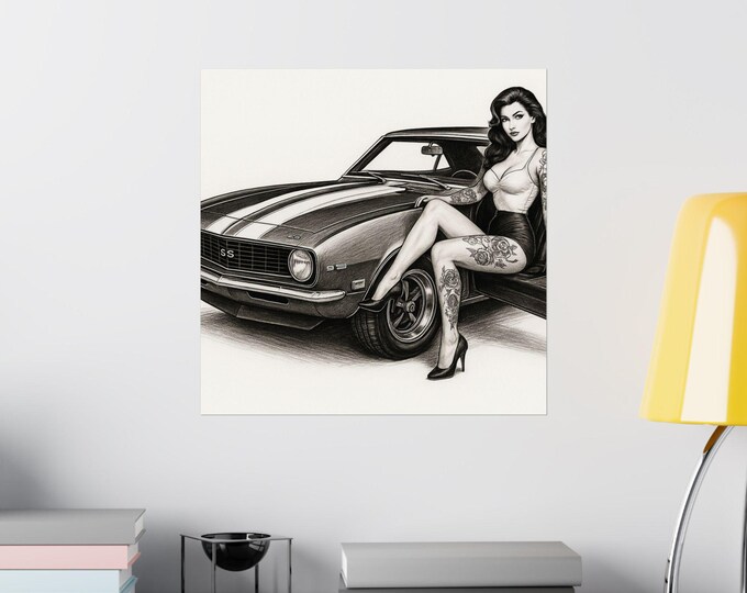 Vintage Pin-Up Car Poster: Retro Tattooed Lady Art Print