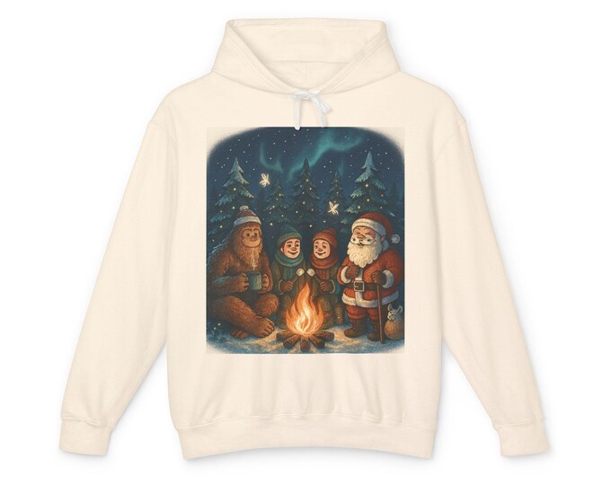 Santa, Yeti and Children by Campfire Hoodie | Christmas Forest Illustration
