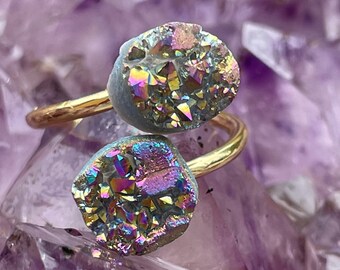 Radiant Mystique Adjustable Gold-tone Rainbow Aura Geode Crystal Ring Bohemian Jewellery