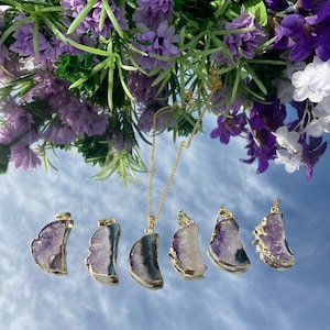 Amethyst Stalactite Slice Crescent Moon Necklace Gold Tone Celestial Jewellery