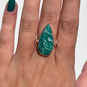 Captivating Beauty: Amazonite Crystal Teardrop Statement Ring, Sterling Silver, Size T