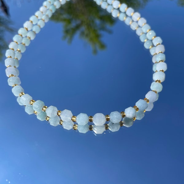 Aquamarine Faceted Gemstone Choker Necklace 40cm 16inches Beautiful Blue Crystal Jewellery