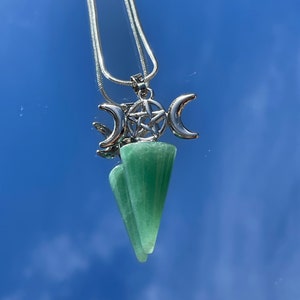 Green Aventurine Crystal Pendulum Moon Phase & Pentagram Star Necklace Spiritual Jewellery