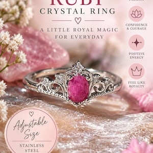 Bague en cristal de rubis brut, bague couronne de princesse, bague ajustable en pierre précieuse, bijou rose vif, couleur argent, cadeau pour elle