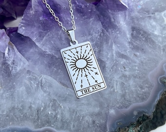 Tarot Card The Sun Pendant Necklace in Silver tone, Tag Pendant 2.5cm , Celestial Jewellery