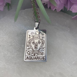 Collier Aquarius Zodiac Tag Silver Tone - Février Anniversaire - Star Sign Necklace