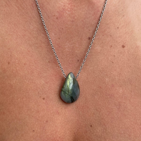 Sparkle in Style with Our Labradorite Teardrop Flashy Crystal Necklace in Silver Tone