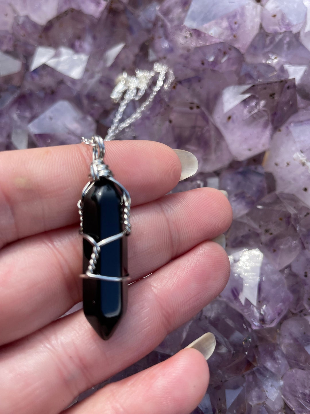 Ethereal Eclipse: Wire Wrapped Black Obsidian Crystal Point 