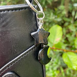 Black Obsidian Moon and Star Keychain: Protection Crystal Bag Charm