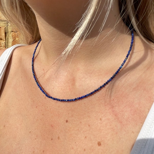 Lapis Lazuli Faceted Crystal Gemstone Choker Necklace, Minimalist Jewellery, Natural Stone