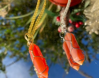 Carnelian Crystal Healing Wire Wrapped Point Necklace - Relationships - Love - Friendship