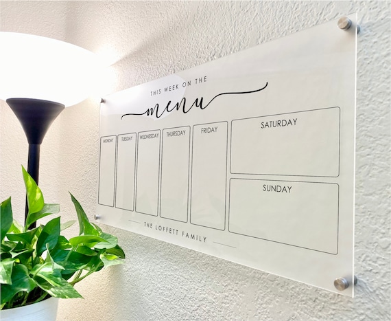 Acrylic MENU Dry Erase Board Family MEAL PLANNER, Personalized Transparent Home Décor Weekly Wall Menu Housewarming Gift Planner