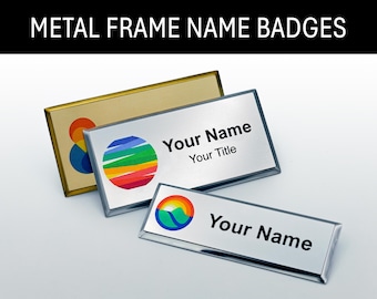 Insignias de metal personalizables para empleados (plateadas y doradas) - Etiquetas magnéticas personalizadas con el nombre de la empresa y el logotipo