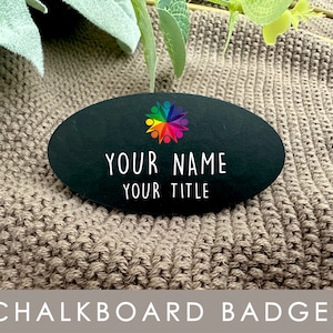PERSONALIZED NAME and Title Oval Shaped Chalkboard Magnetic Fastener BADGES, Customizable Office Employee Company Name Tags