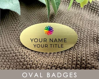 Insignia de empleado con cierre magnético personalizable con nombre y título de empresa, etiquetas magnéticas metálicas ovaladas personalizadas para el trabajo