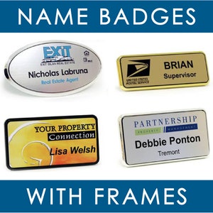 PERSONALIZED FRAMED Name Badges & Magnetic Company Employee TAGS, Customized Logo Office Name Plastic Tags with Rim Border