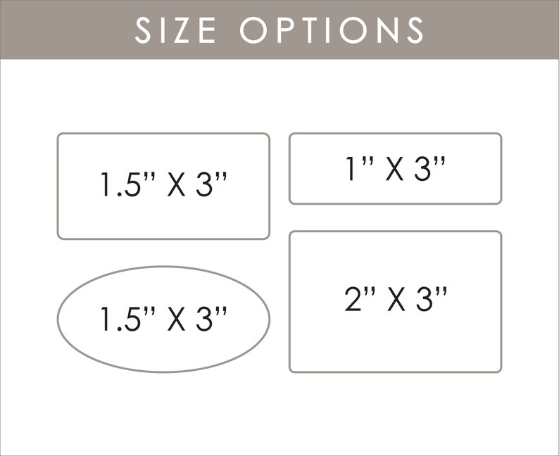 May include: A chart showing different size options for a product. The options are 1 inch by 3 inches, 1.5 inches by 3 inches, and 2 inches by 3 inches.