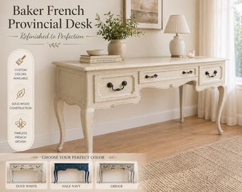 Baker French Provincial Writing Desk – Custom Painted | Coastal Luxe | Louis XV Style | Finished Back | ANY COLOR