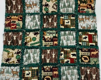 Woodland Themed Remnants Rag Quilt Moose Deer Black Bears