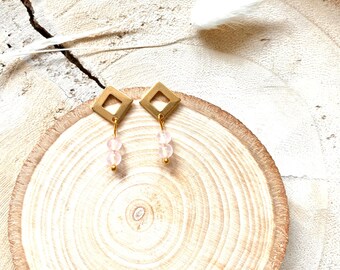 Rose quartz stud earrings square gold stainless steel delicate pink gift idea women wedding birthday
