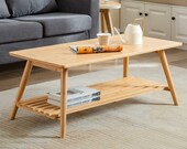 Wooden Coffee Table Foldable Bamboo Cocktail Table TV Stand with Open Storage Shelf Center Table for Living Room Furniture