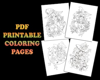 Ensemble de 9 pages à colorier de sorcières - Pages à colorier imprimables pour adultes - Téléchargement instantané Livre de coloriage Halloween - PDF, Livre de coloriage numérique