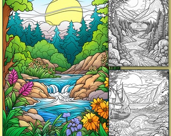 15 Landscape Coloring Book, Printable PDF,  Coloring Pages, Grayscale Coloring Book for Adults and Kids