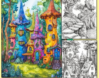 Livre de coloriage 50 maisons fantastiques, PDF imprimable, pages à colorier, livre de coloriage en niveaux de gris pour adultes et enfants