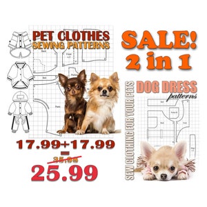 2 in 1! Dog Clothes Sewing Patterns for All Sizes  - Pattern Set Shirt, Dress, Polo, Coat, Jacket, Rompers Sewing Patterns for Your Dog