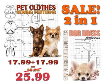 2 in 1! Dog Clothes Sewing Patterns for All Sizes  - Pattern Set Shirt, Dress, Polo, Coat, Jacket, Rompers Sewing Patterns for Your Dog