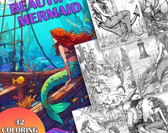 32 Fantasy Beautiful Mermaid Coloring Book, Printable PDF,  Coloring Pages, Grayscale Coloring Book for Adults and Kids