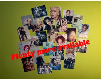 May include: A collection of rectangular cards featuring various individuals in diverse poses and styles, arranged on a lime green background. The cards showcase a variety of hair colors and fashion choices. The text "Plenty more available" is overlaid in red.