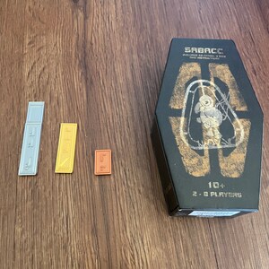Pu&ograve; includere: Un set di carte Sabacc con una scatola esagonale nera e tre pezzi di gioco rettangolari in argento, oro e arancione. La scatola ha testo dorato e una grafica di un personaggio. Il gioco &egrave; per 2-8 giocatori, dai 10 anni in su.