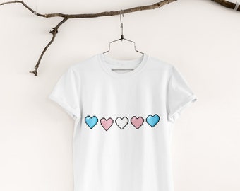 Retro Pixel Art Gaming Top for Trans Pride 100/% Organic Cotton Transgender Flag Pixel Hearts T-Shirt Ethically Made Vegan Clothing