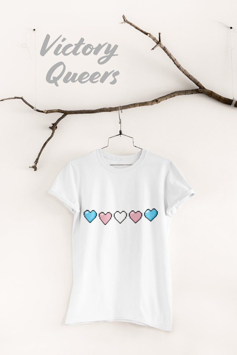 Retro Pixel Art Gaming Top for Trans Pride 100/% Organic Cotton Transgender Flag Pixel Hearts T-Shirt Ethically Made Vegan Clothing