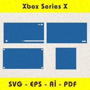 May include: Blue graphic design for an Xbox Series X, featuring four rectangular and square shapes. The text "Xbox Series X" is at the top, and "SVG - EPS - AI - PDF" is at the bottom, all on a textured background.