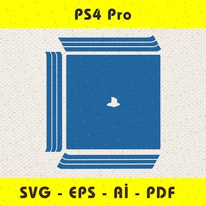 Könnte beinhalten: Eine blaue Silhouette einer PlayStation 4 Pro Konsole mit dem PlayStation-Logo in der Mitte. Der Text "PS4 Pro" befindet sich über der Konsole und "SVG - EPS - Ai - PDF" unter der Konsole.
