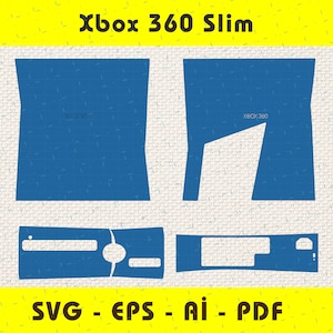 May include: Blue vector graphics for an Xbox 360 Slim console, including top and bottom panel designs. The text "Xbox 360 Slim" is at the top, and "SVG - EPS - AI - PDF" is at the bottom. The graphics are on a textured, off-white background.
