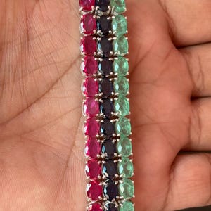 Multi-Stone Ruby Emerald Sapphire Tennis Bracelet, 925 Sterling Silver, Oval Faceted Gems