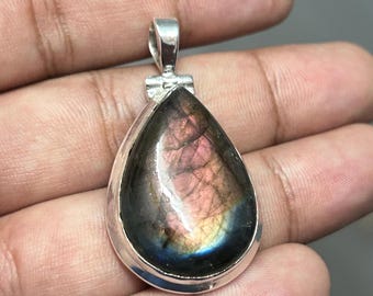 Purple Fire Labradorite Pendant: Teardrop 925 Sterling Silver, Handmade