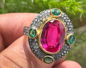 Pave Diamond Pink Tourmaline & Emerald Ring: Sterling Silver Promise Ring