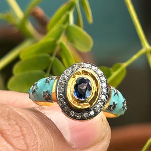 Blue Sapphire & Diamond Ring: Sterling Silver Enamel September Birthstone