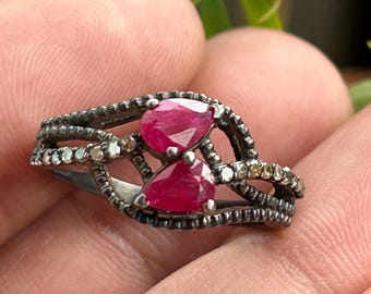 Handmade Sterling Silver Double Pear Ruby & Pave Diamond Ring