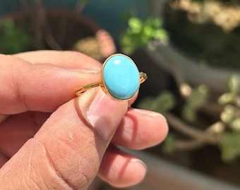 100% Natural Arizona Turquoise Gemstone Ring 925 Sterling Silver Women&#39;s Ring 18K Micron Gold Plated Ring Oval Ring Thanksgiving Ring