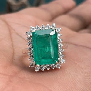 Natural Emerald Ring: 925 Sterling Silver Halo Wedding Ring