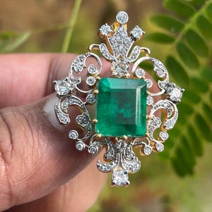 Vintage Victorian Emerald & Diamond Brooch Pin | 925 Sterling Silver 18K Gold Filled | Unisex Handmade Accent Luxury Gift For Women/Men