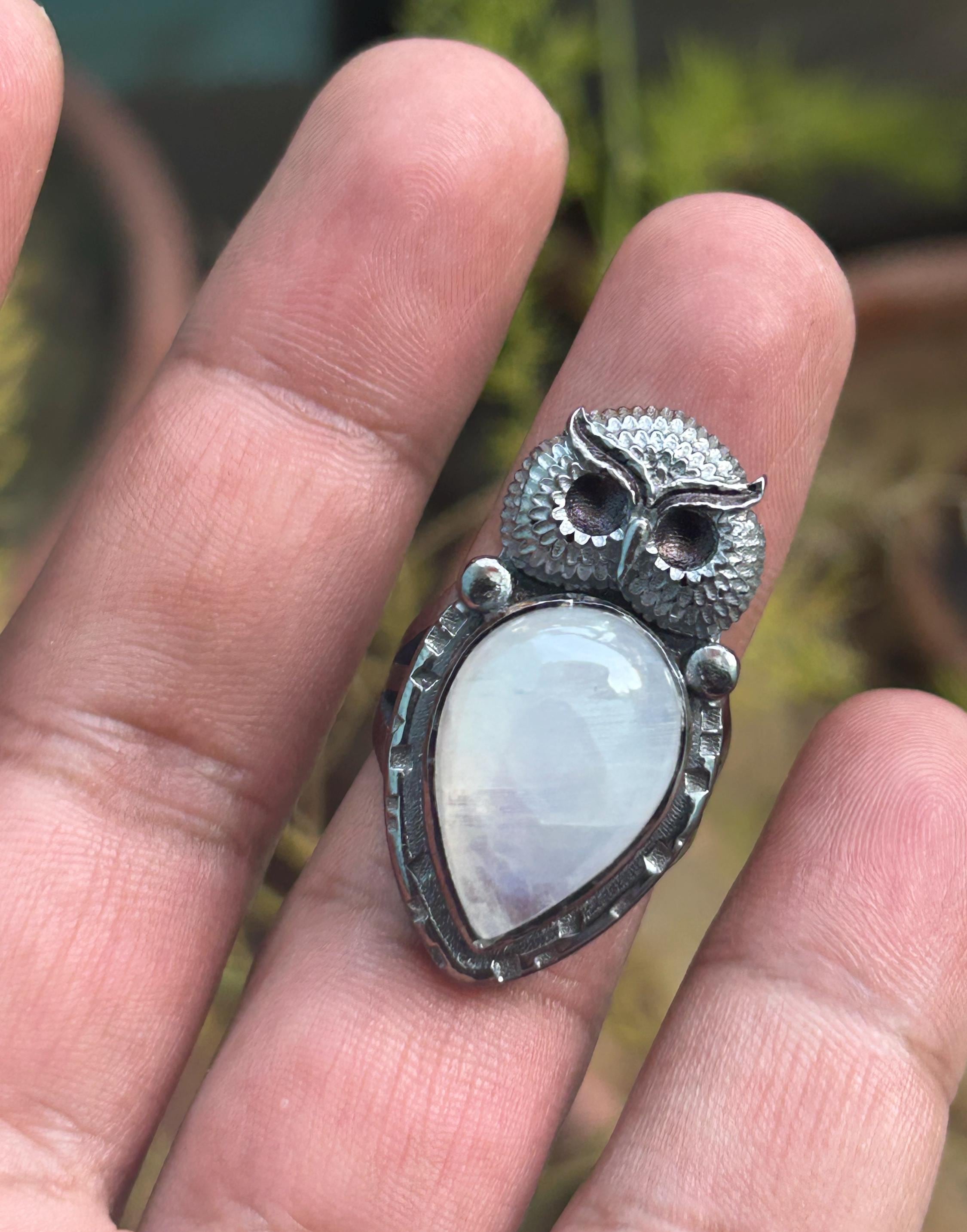 Handmade Moonstone Owl Ring: 925 Sterling Silver Artisan Jewelry